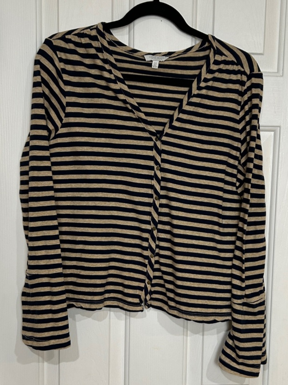 Lucky Brand Blue & Tan Striped Button Front Top Long Bell Sleeve V-Neck Small